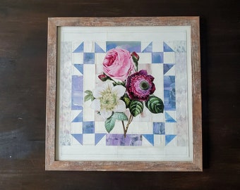 Blommigt lapptäcke med pappersquiltkollage: Vintage botanisk anemonroskonst (12x12)