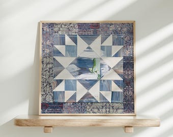 William Morris Paper Quilt Collage (8x8) : Cut Paper Collage Art, Farmhouse Decor, Vintage Art, Sawtooth Star, Geometric Art, Rustic Art