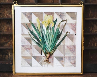 Original Floral Collage 6x6 | Vintage Botanical Art | Iris Flower | Vintage Collage | Floral Decor | Mixed Media Collage | Geometric Art