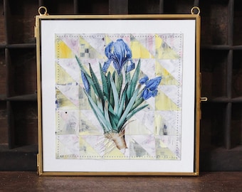 Original Iris Floral Collage 6x6 | Vintage Botanical Art | Floral Decor | Cottagecore | Floral Applique | Quilt Square | Quilt Art