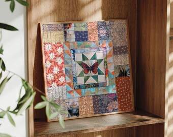 Original Butterfly Patchwork Paper Collage (12x12): Sawtooth Star, Cottagecore, Eclectic Art, Embroidery Art, Geometric Art