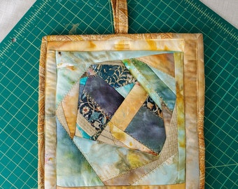 Embroidered Crazy Quilt Patchwork Potholder | Quilted Potholder | Quilted Hot Pad | Candle Mat | Quilt Block | Ice Dye