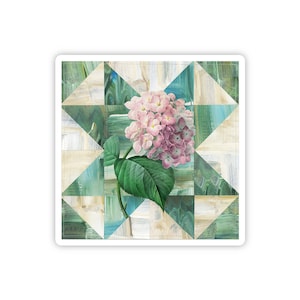 May include: A pink and green floral design with a starburst pattern. The design is made up of triangles and squares.