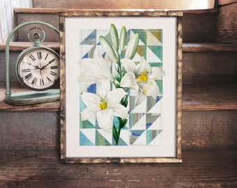 Giclée-tryck med lilja: Vintage blomcollage, geometrisk väggkonst (8x10)