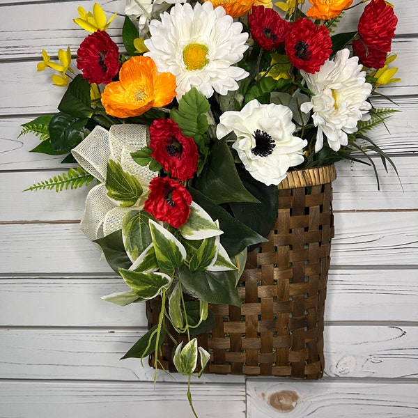 Bright Summer Faux Floral Basket Gerber Daisies Colorful Poppies Yellow Forsythia Assorted Faux Greenery