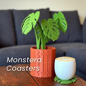 Monstera Plant Coaster Set – 3D Printed Magnetic Leaf Coasters with Armrest Table | Housewarming Gift | Indoor Functional Plant Decor