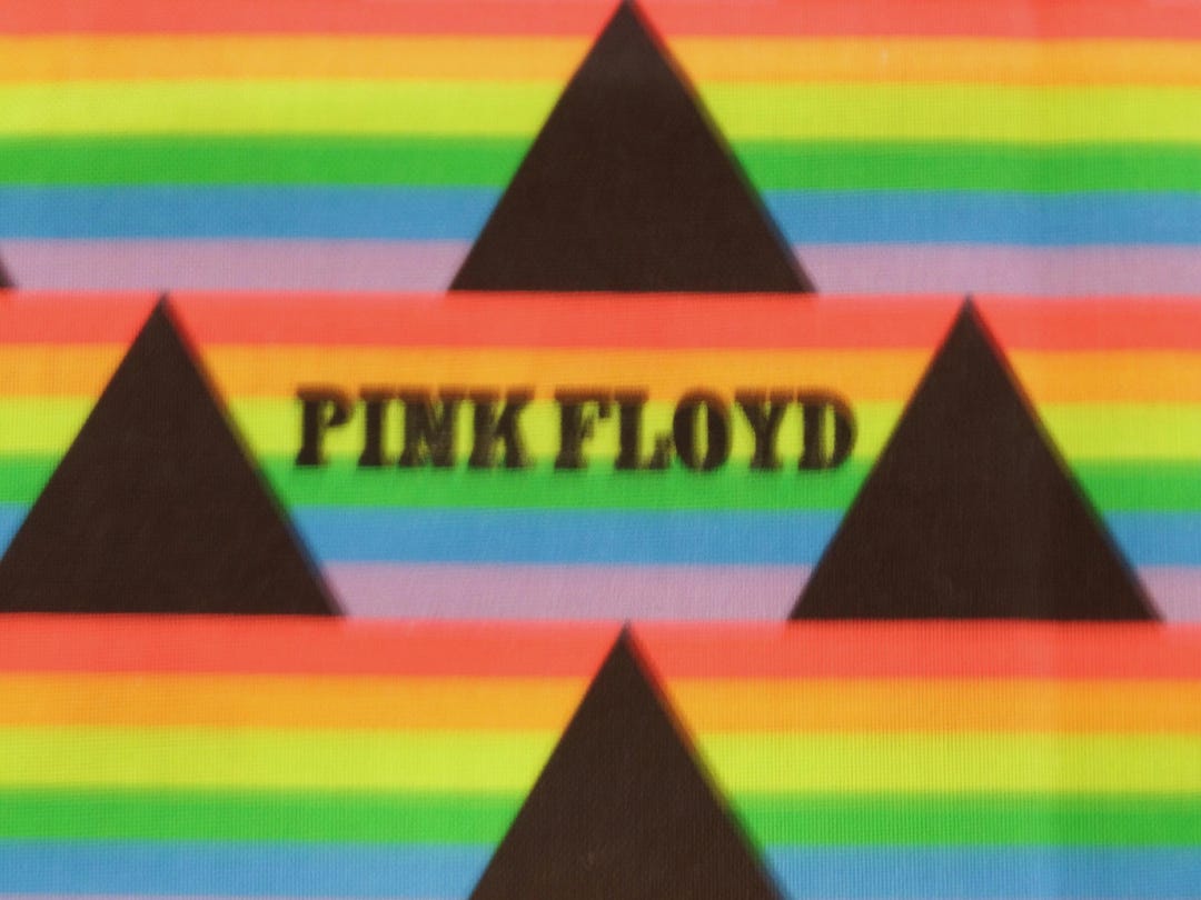 Pink Floyd Pattern Pink Floyd Iconic Rainbow Stripes With Black Pyramids Cotton Fabric ...