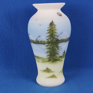 Fenton Art Glass 2000 Opal Satin Vase with Hand Painted Mountain Scene, Bill Fenton, Frank Fenton, Collectibles, Home Decor, Glass Vase
