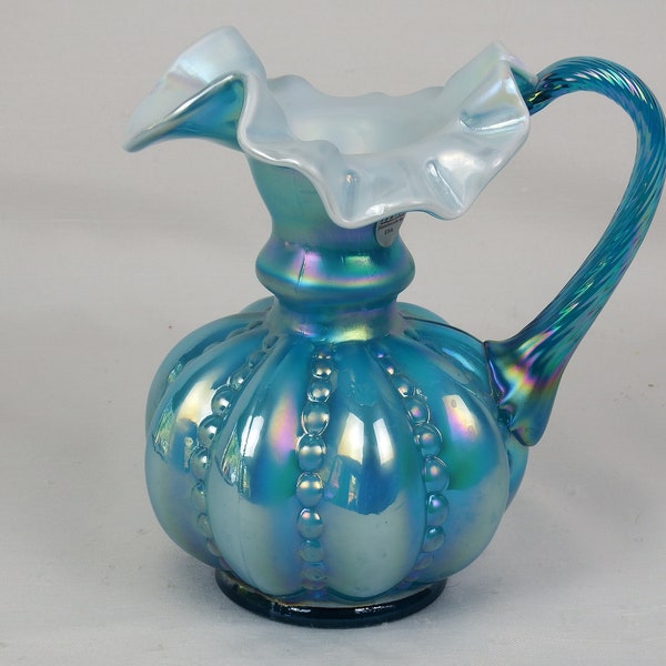 Fenton Art Glass 1999 Iridized Turquoise Overlay Satin Beaded Melon Pitcher
