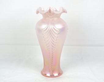 Fenton Art Glass Iridized Pink Chiffon Feather Vase
