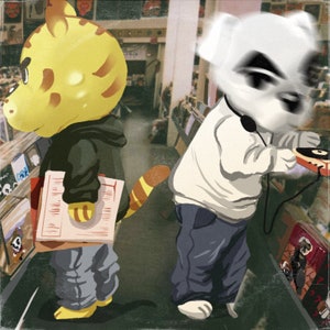 以下が含まれることがあります： レコード店にいる2人の漫画のキャラクターのイラスト。1人は、黒いパーカーとブルージーンズを着て、レコードの山を持っている黄色のトラのような姿です。もう1人は、ヘッドフォンを付けてレコードを演奏している白い犬のようなキャラクターです。