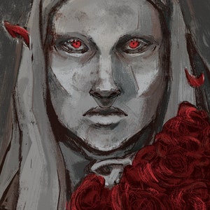 May include: Digital art portrait of a figure with gray skin and a white hood. The figure has red eyes and red accents on the ears. A cluster of red roses is on the right side of the figure's face.