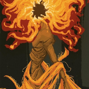 May include: A digital painting of a figure with a head of flames, wearing a flowing orange garment. The figure is holding a red object in its hand.