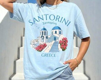 Santorini Greece Blue Dome Church Bougainvillea Graphic T-Shirt