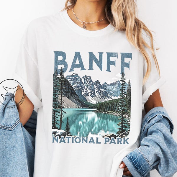 T-shirt du parc national Banff, rétro Rocheuses canadiennes, chemise Mountain Lake, couleurs confortables