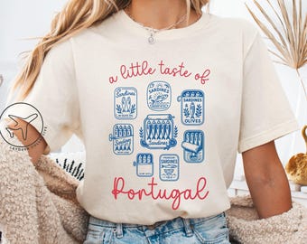 Koszulka z ilustrowanymi puszkami sardynek, pamiątka z Portugalii