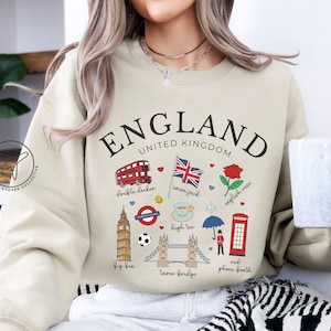 England Doodle Sweatshirt, England Crewneck, England UK Travel Gift, Union Jack Flag Gift, Comfortable Unisex Pullover