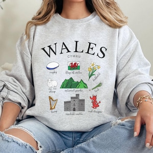 ウェールズ ドゥードゥル スウェットシャツ、ウェールズ クルーネック、ウェールズ UK 旅行ギフト、ウェールズ国旗ギフト、快適なユニセックス プルオーバー