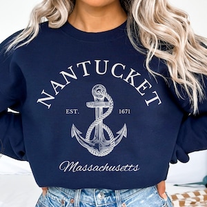 Sudadera de Nantucket, cuello redondo de Nueva Inglaterra, Massachusetts, gráfico costero vintage, estética de pescador, idea de regalo de viaje