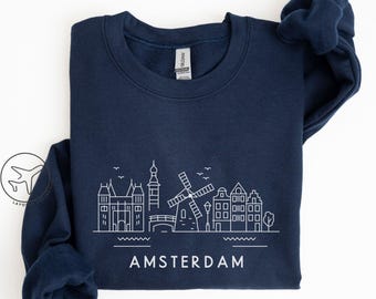 Amsterdam Sweatshirt, Netherlands Windmill Crewneck, Minimalist Dutch Travel Pullover, Unisex Holland Souvenir Shirt