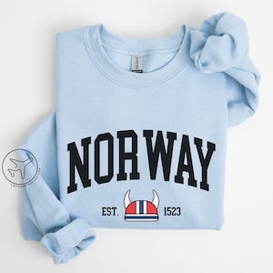 Sweat-shirt Norvège, col rond casque viking norvégien, style collégial variété, cadeau souvenir Norvège, idée cadeau voyage, pull unisexe