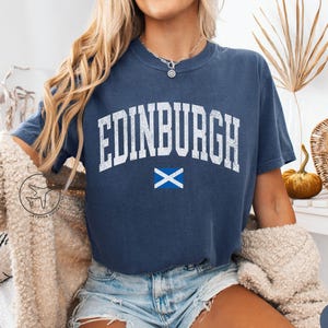 Distressed Edinburgh Shirt, Scotland Flag Tee, Vintage Varsity Style Travel T-Shirt, UK Souvenir Gift