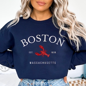 Boston Sweatshirt, New England Massachusetts Crewneck, Lobster Graphic, Fisherman Aesthetic, Travel Gift Idea