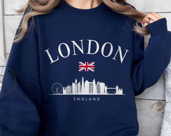 London England Skyline Sweatshirt, Union Jack-flaggtröja, brittiska kläder, brittiska gåvor