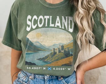 Skottland grafisk t-shirt, Skottland resetröja, skotskt landskapströja, vintageillustration