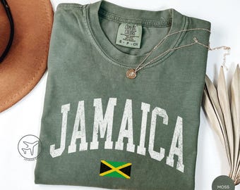 Distressed Jamaica Shirt, Jamaican Flag Tee, Vintage Varsity Style Travel T-Shirt, Caribbean Souvenir Gift