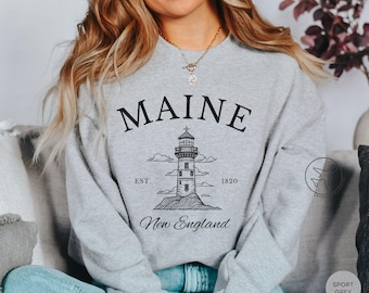 Maine Lighthouse Graphic Sweatshirt, Coastal Crewneck, New England Travel Gift