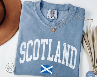 Distressed Scotland Shirt, Scottish Flag Tee, Vintage Varsity Style Travel T-Shirt, Edinburgh Souvenir Gift