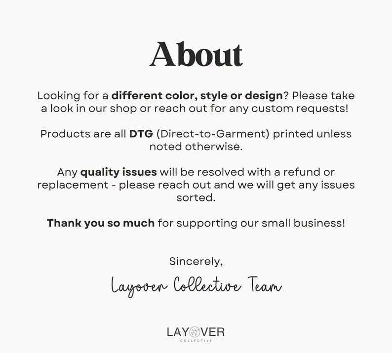 May include: A cream-colored graphic with the word "About" in a bold, black font. The text below provides information about the shop's products, custom requests, and quality assurance. The shop's logo is at the bottom.