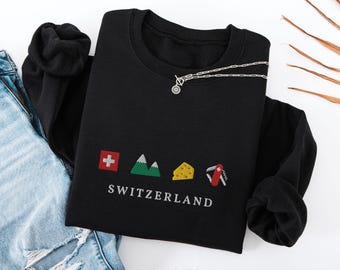 Switzerland Embroidered Crewneck Sweatshirt, Alpine Travel Gift