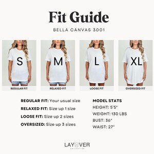 K&ouml;nnte beinhalten: Ein Gr&ouml;&szlig;enratgeber f&uuml;r Bella Canvas 3001 T-Shirts mit den Gr&ouml;&szlig;en S, M, L und XL. Der Ratgeber enth&auml;lt Modelldaten: Gr&ouml;&szlig;e 165 cm, Gewicht 59 kg, Brustumfang 91 cm und Taille 69 cm. Er beschreibt auch die Passformen: normal, relaxed, loose und oversized.