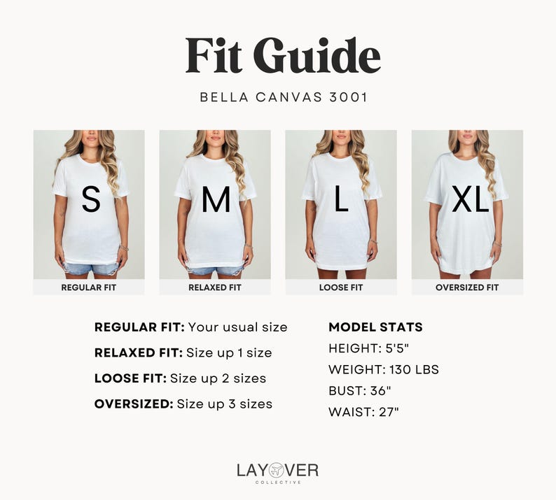 K&ouml;nnte beinhalten: Ein Gr&ouml;&szlig;enratgeber f&uuml;r Bella Canvas 3001 T-Shirts mit den Gr&ouml;&szlig;en S, M, L und XL. Der Ratgeber enth&auml;lt Modelldaten: Gr&ouml;&szlig;e 165 cm, Gewicht 59 kg, Brustumfang 91 cm und Taille 69 cm. Er beschreibt auch die Passformen: normal, relaxed, loose und oversized.