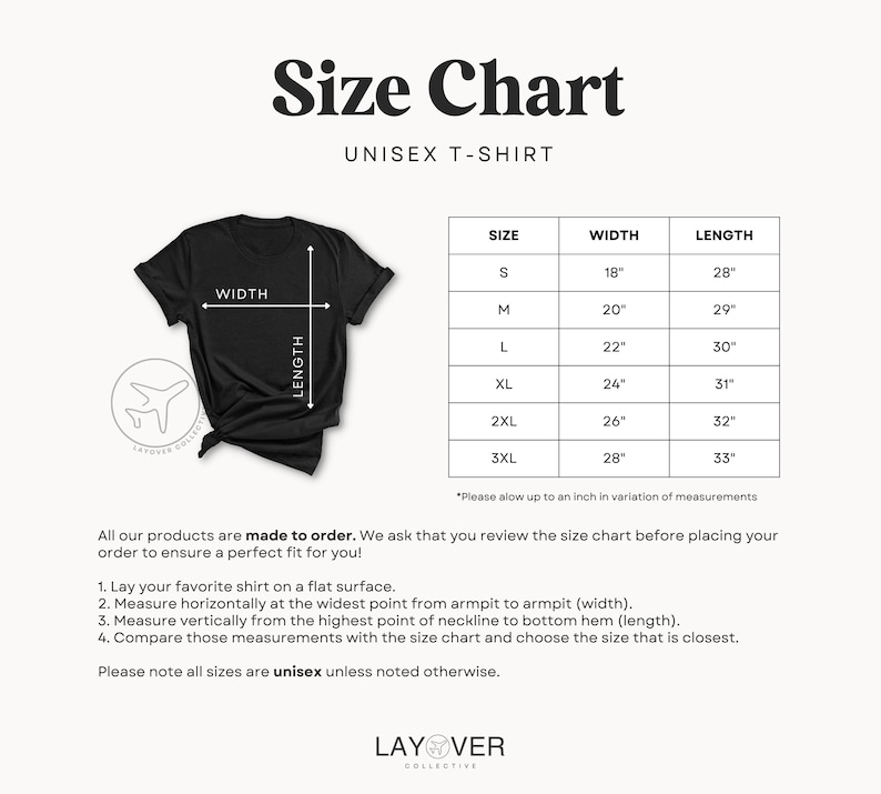 K&ouml;nnte beinhalten: Ein schwarzes Unisex-T-Shirt mit einer Gr&ouml;&szlig;entabelle. Die Tabelle listet die Gr&ouml;&szlig;en S bis 3XL mit den entsprechenden Breiten- und L&auml;ngenma&szlig;en in Zoll auf. Anweisungen zum Messen eines Shirts zum Vergleich mit der Tabelle sind enthalten. Der Text "Size Chart" und "UNISEX T-SHIRT" werden angezeigt.