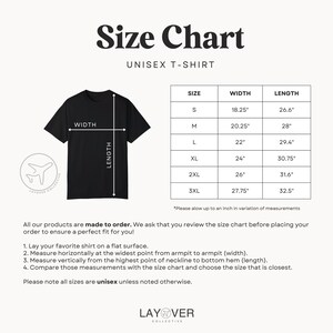 May include: A black unisex t-shirt with a size chart. The chart includes measurements for width and length in inches for sizes S to 3XL. The text "Size Chart" and "UNISEX T-SHIRT" are at the top.