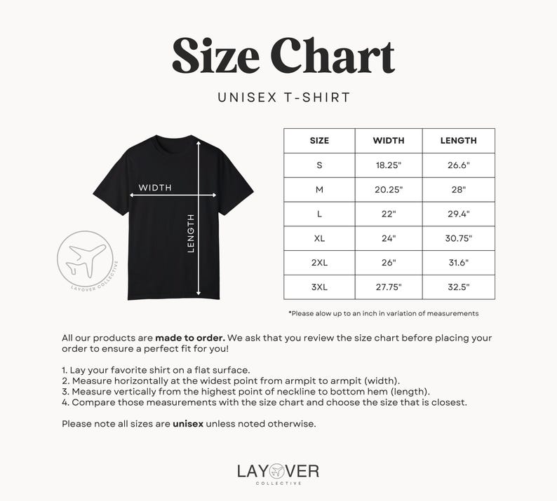 May include: A black unisex t-shirt with a size chart. The chart includes measurements for width and length in inches for sizes S to 3XL. The text "Size Chart" and "UNISEX T-SHIRT" are at the top.