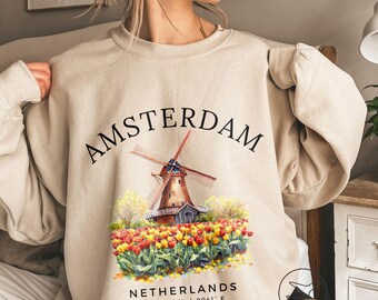 Amsterdam Sweatshirt, Netherlands Windmill Crewneck, Minimalist Dutch Travel Pullover, Unisex Holland Souvenir Shirt