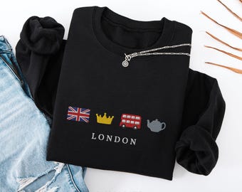 London Embroidered Crewneck Sweatshirt, UK Travel Icon Gift