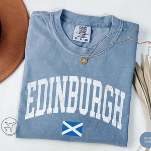 Distressed Edinburgh Shirt, Scotland Flag Tee, Vintage Varsity Style Travel T-Shirt, UK Souvenir Gift