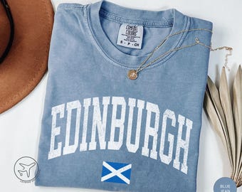 Maglietta di Edimburgo invecchiata, maglietta con bandiera scozzese, maglietta da viaggio in stile vintage universitario, regalo souvenir del Regno Unito