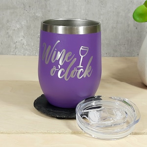 Laser Engraved Wine Tumbler With Custom Image, Logo, and/or Text. These are 12oz. Personalized Insulated Stainless Steel with Lid. Wine gift