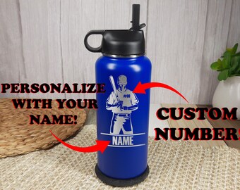 Baseball Gift for Boys Custom Water Bottle / Tumbler for Baseball Team Personalized with Number Baseball and Name