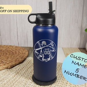 Baseball Gift for Boys Custom Water Bottle / Tumbler for Baseball Team Personalized with Number Baseball and Name