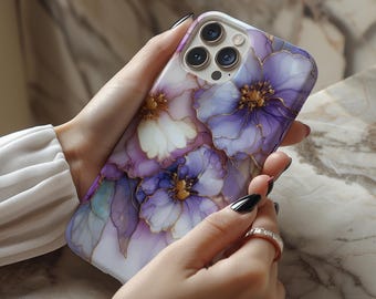 Boho Watercolor Floral iPhone Case – Purple, Pink Gold Flower Design – Bohemian Chic Phone Cover for iPhone & Samsung Galaxy, Gift for Her