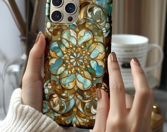Luxury Stained Glass iPhone Case | Turquoise Gold Mandala Design | Compatible with iPhone Samsung | Pretty Protective iPhone, Samsung case