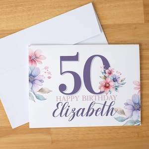 Personalisierte Blumen Geburtstagskarte für Sie, nach Alter & Name Gruß, lila Pastell Blumen, handgemachte A2 Karte, innen leer, elegant