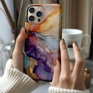 Luxus Sonnenuntergang Marmor iPhone Hülle | Lila Gold Amber Ink Kunst | Achat Muster | Kompatibel mit iPhone, Samsung Galaxy Tough Case Schutz
